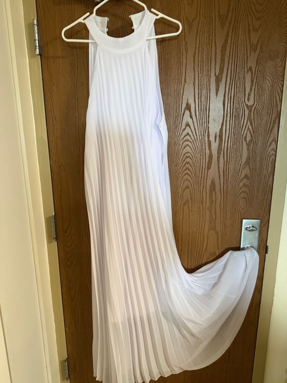 white maxi pleated button neck dress